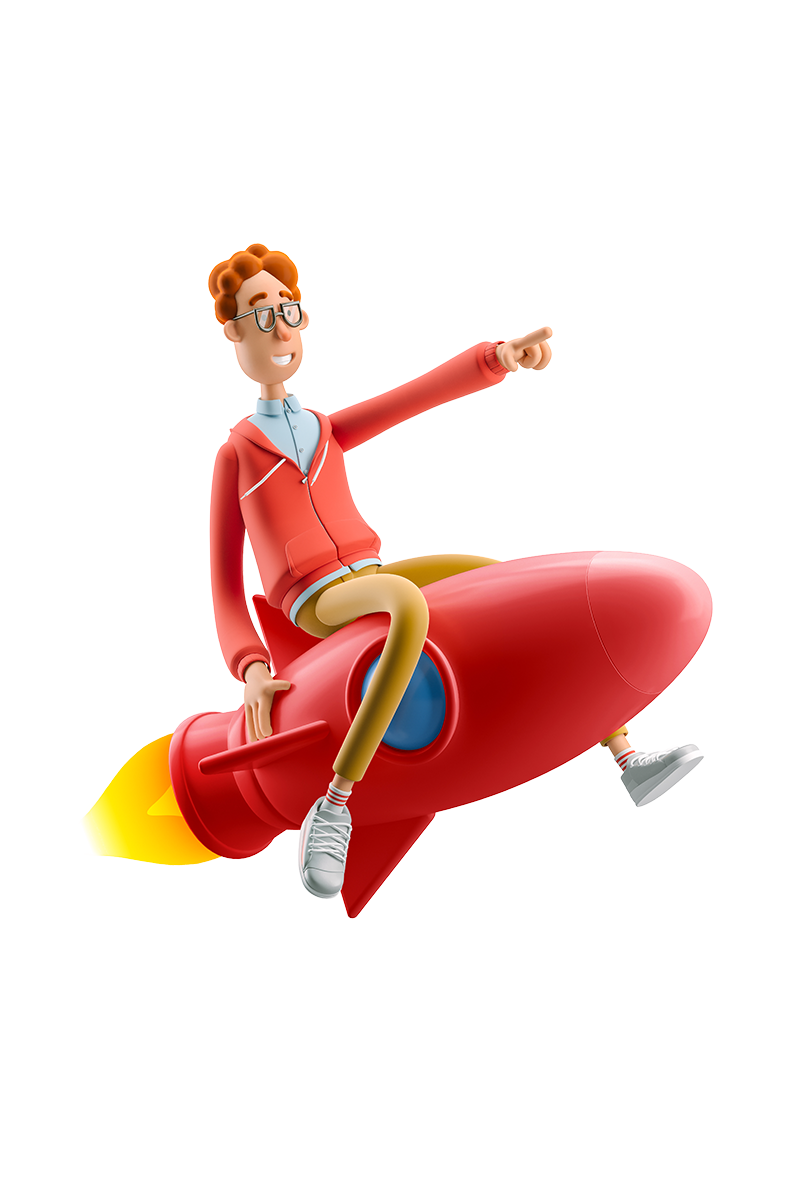 Passend für die Start-up Welt zeigt eine 3D Illustration eine Person die auf einer fliegenden Rakete sitzt in roten, lebhaften Farben. 